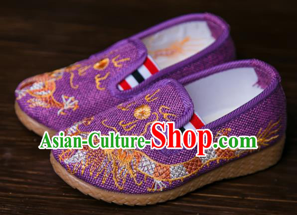 Handmade Chinese Traditional Purple Canvas Embroidered Dragon Shoes New Year National Shoes Hanfu Shoes for Kids