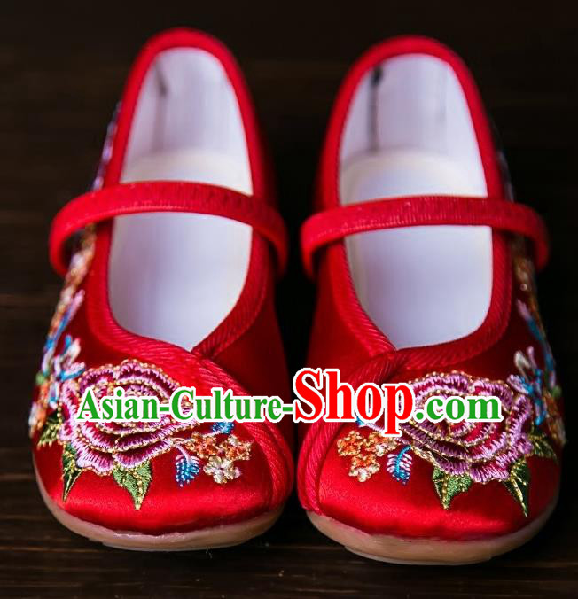 Handmade Chinese Traditional Red Satin Embroidered Shoes New Year National Shoes Hanfu Shoes for Kids