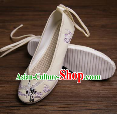 Traditional Chinese Handmade Hanfu Shoes Embroidered Crane Yellow Shoes Cloth Shoes for Women