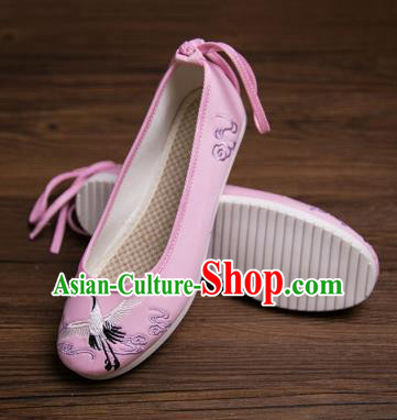 Traditional Chinese Handmade Hanfu Shoes Embroidered Crane Pink Shoes Cloth Shoes for Women