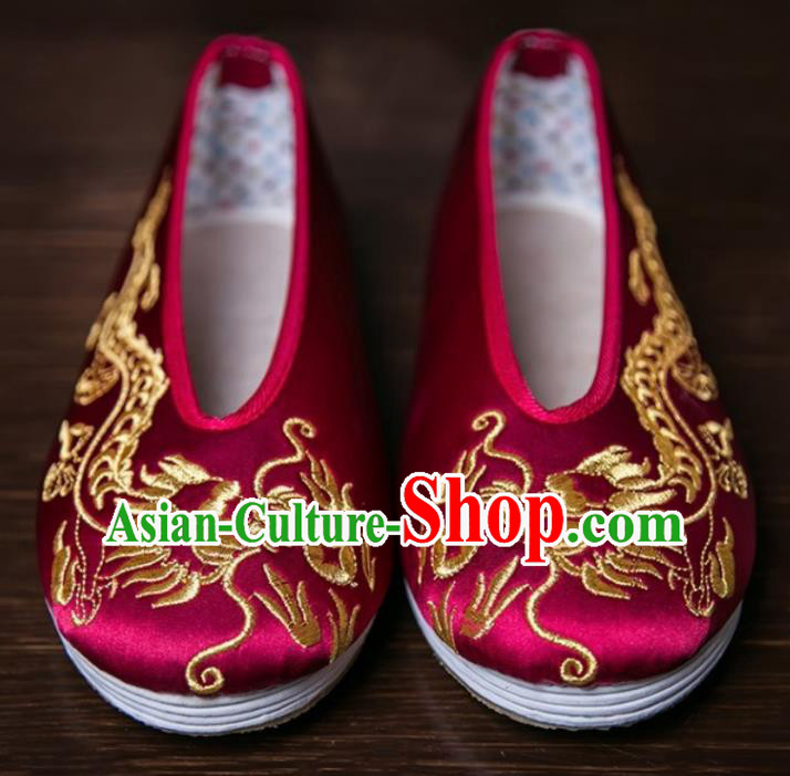 Handmade Chinese Bridegroom Embroidered Dragon Wine Red Shoes Traditional Kung Fu Shoes Hanfu Shoes for Men
