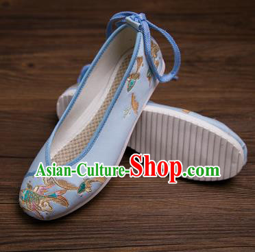Traditional Chinese Handmade Hanfu Shoes Embroidered Carp Blue Shoes Cloth Shoes for Women