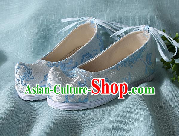 Traditional Chinese Blue Brocade Shoes Handmade Wedding Shoes Hanfu Shoes Princess Shoes for Women