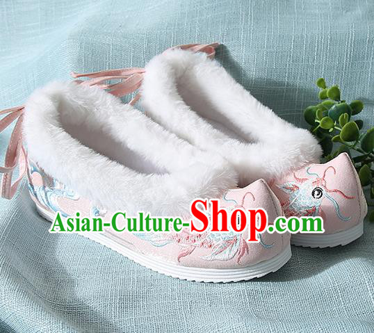 Traditional Chinese Handmade Embroidered Goldfish Pink Shoes Wedding Shoes Hanfu Shoes Princess Shoes for Women