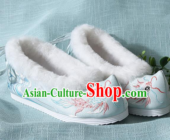 Traditional Chinese Handmade Embroidered Goldfish Light Blue Shoes Wedding Shoes Hanfu Shoes Princess Shoes for Women