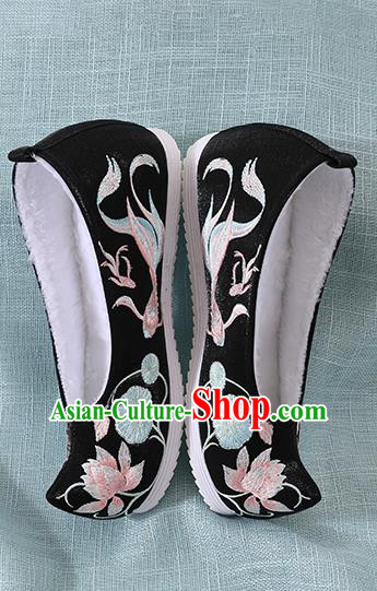 Chinese Handmade Embroidered Lotus Goldfish Black Shoes Traditional Ming Dynasty Hanfu Shoes Princess Shoes for Women