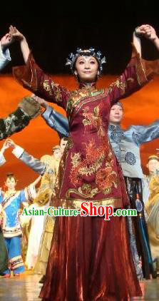 Chinese Dance Drama Wild Jujubes Ancient Classical Dance Purplish Red Dress Stage Performance Dance Costume and Headpiece for Women