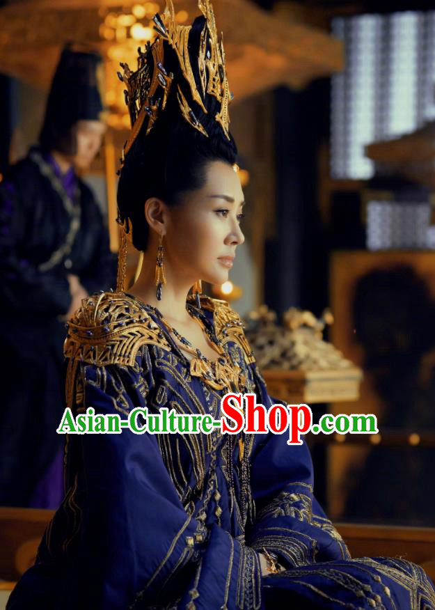 Chinese Ancient Grand Princess of Yin Empir Bai Lingbo Novoland Eagle Flag Xu Qing Replica Costumes and Headpiece for Women