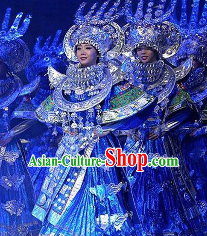 Chinese Dance Drama Colorful Guizhou Yi Nationality Dance Blue Dress Stage Performance Dance Costume and Headpiece for Women