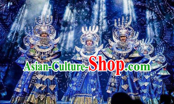 Chinese Dance Drama Colorful Guizhou Yi Nationality Dance Blue Dress Stage Performance Dance Costume and Headpiece for Women