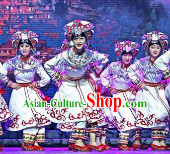 Chinese Dance Drama Colorful Guizhou Yi Nationality White Dress Stage Performance Dance Costume and Headpiece for Women