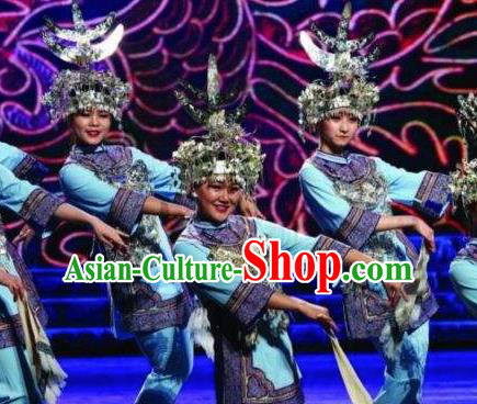 Chinese Dance Drama Colorful Guizhou Yi Nationality Blue Dress Stage Performance Dance Costume and Headpiece for Women