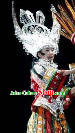 Chinese Dance Drama Colorful Guizhou Yi Nationality Wedding Red Dress Stage Performance Dance Costume and Headpiece for Women