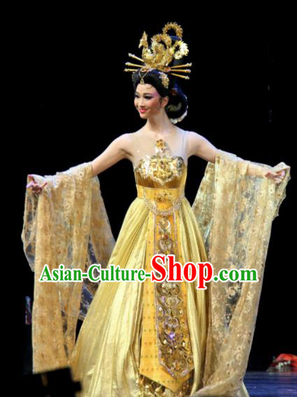 Chinese Chuansi Gongzhu Classical Dance Golden Dress Stage Performance Dance Costume and Headpiece for Women
