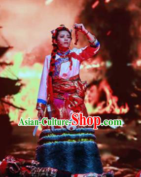 Chinese A Common Home Zang Nationality Red Dress Stage Performance Dance Costume and Headpiece for Women