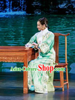 Deling and Cixi Chinese Qing Dynasty Princess Green Silk Dress Stage Performance Dance Costume and Headpiece for Women