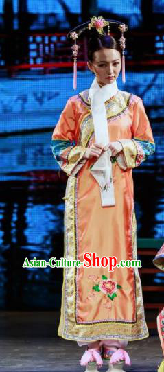 Deling and Cixi Chinese Qing Dynasty Princess Orange Silk Dress Stage Performance Dance Costume and Headpiece for Women