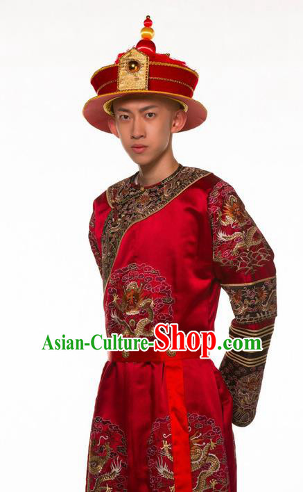 Deling and Cixi Chinese Ancient Qing Dynasty Emperor Red Clothing Stage Performance Dance Costume for Men