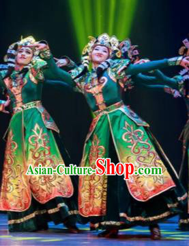 Dance Between Heaven and Earth Chinese Mongol Nationality Green Dress Stage Performance Dance Costume and Headpiece for Women