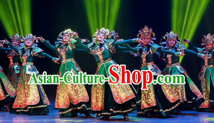 Dance Between Heaven and Earth Chinese Mongol Nationality Green Dress Stage Performance Dance Costume and Headpiece for Women