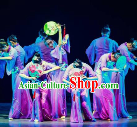 Dance Between Heaven and Earth Chinese Classical Dance Fan Dance Purple Dress Stage Performance Dance Costume and Headpiece for Women