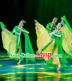 Dance Between Heaven and Earth Chinese Classical Dance Green Dress Stage Performance Dance Costume and Headpiece for Women