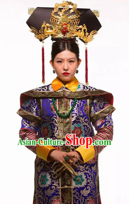 Deling and Cixi Chinese Qing Dynasty Empress Royalblue Silk Dress Stage Performance Dance Costume and Headpiece for Women