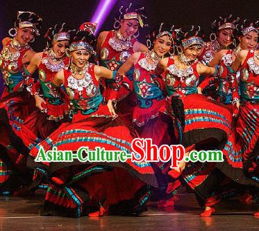 Dance Between Heaven and Earth Chinese Yi Nationality Dance Red Dress Stage Performance Dance Costume and Headpiece for Women