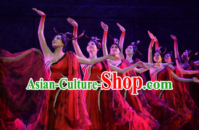 Lady Zhaojun Chinese Classical Dance Red Dress Stage Performance Dance Costume and Headpiece for Women