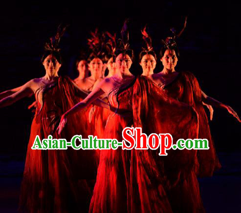 Lady Zhaojun Chinese Classical Dance Red Dress Stage Performance Dance Costume and Headpiece for Women