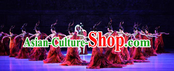 Lady Zhaojun Chinese Classical Dance Red Dress Stage Performance Dance Costume and Headpiece for Women