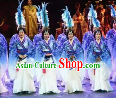 Chinese King Zhuang of Chu Ancient Spring and Autumn Period Blue Dress Stage Performance Dance Costume and Headpiece for Women