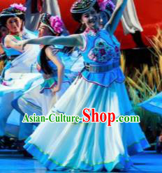 Walking Marriage Chinese Mosuo Minority Dance Blue Dress Stage Performance Dance Costume and Headpiece for Women