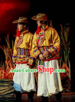 Walking Marriage Chinese Mosuo Nationality Bridegroom Dance Golden Clothing Stage Performance Dance Costume for Men