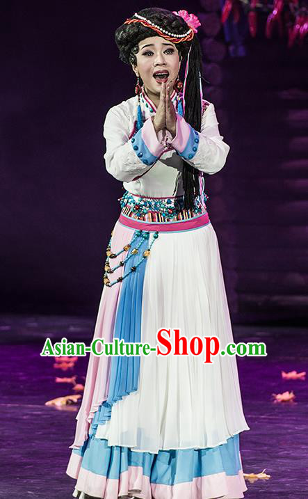 Walking Marriage Chinese Mosuo Minority Folk Dance White Dress Stage Performance Dance Costume and Headpiece for Women