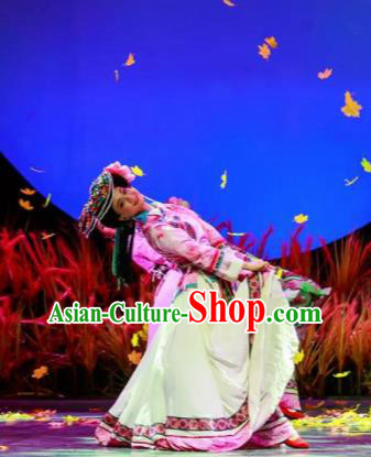 Walking Marriage Chinese Mosuo Minority Folk Dance Pink Dress Stage Performance Dance Costume and Headpiece for Women