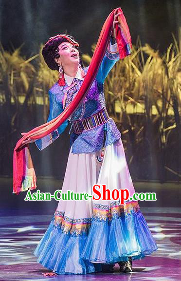 Walking Marriage Chinese Mosuo Minority Dance Dress Stage Performance Dance Costume and Headpiece for Women