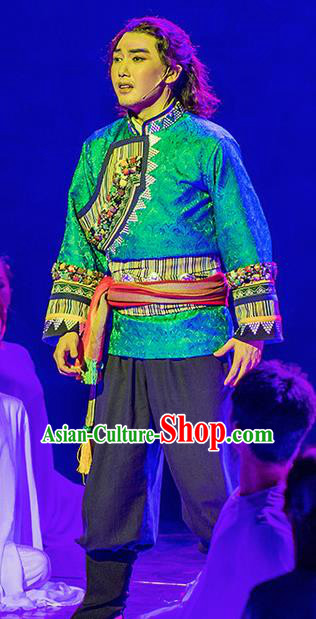 Walking Marriage Chinese Mosuo Nationality Green Clothing Stage Performance Dance Costume for Men