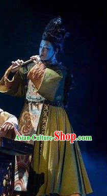 Chinese Pingtan Impression Ancient Qing Dynasty Dress Stage Performance Dance Costume and Headpiece for Women
