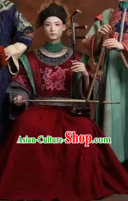 Chinese Pingtan Impression Ancient Qing Dynasty Red Dress Stage Performance Dance Costume and Headpiece for Women