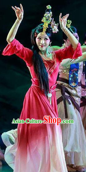 Chinese Lady Zhaojun Ancient Classical Dance Rosy Dress Stage Performance Dance Costume and Headpiece for Women