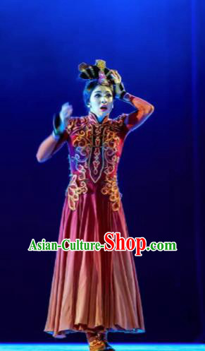 Chinese Lady Zhaojun Mongol Nationality Dance Red Dress Stage Performance Dance Costume and Headpiece for Women