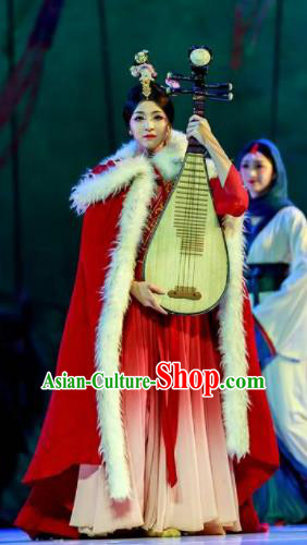 Chinese Lady Zhaojun Ancient Court Princess Wang Zhaojun Red Dress Stage Performance Dance Costume and Headpiece for Women