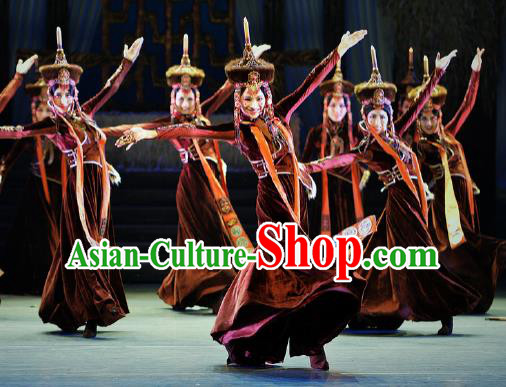 Chinese Lady Zhaojun Mongol Nationality Dance Dress Stage Performance Dance Costume and Headpiece for Women