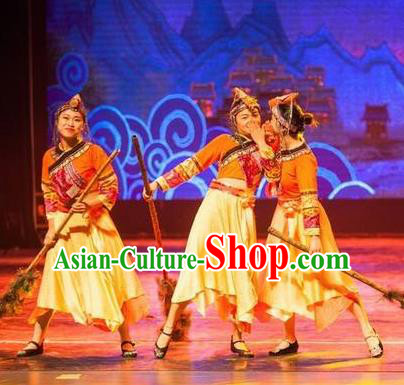 Impression Shanha Chinese She Nationality Folk Dance Yellow Dress Stage Performance Dance Costume and Headpiece for Women