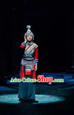 Impression Shanha Chinese She Nationality Dance Dress Stage Performance Dance Costume and Headpiece for Women