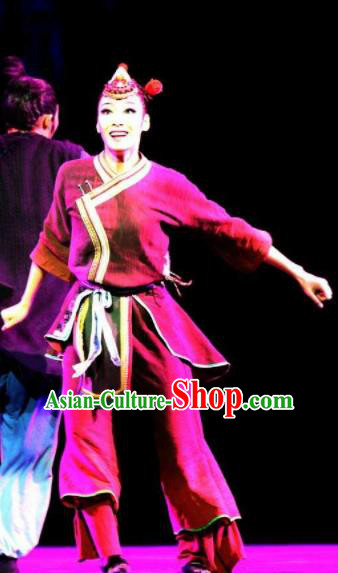 Impression Shanha Chinese She Nationality Dance Rosy Dress Stage Performance Dance Costume and Headpiece for Women