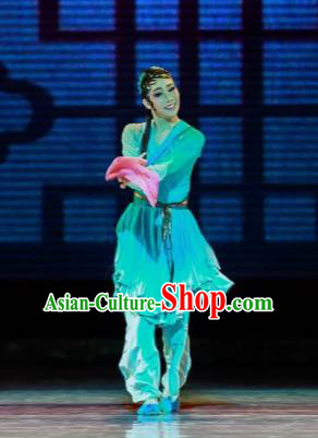 Sunsets Chinese Classical Dance Xiao Qing Green Dress Stage Performance Dance Costume and Headpiece for Women