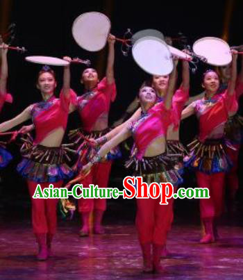 Manchu Tambourine Chinese Manchu Nationality Folk Dance Dress Stage Performance Dance Costume and Headpiece for Women