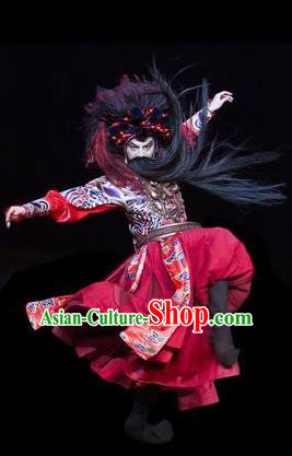 The Greatest Spirit Chinese Peking Opera Takefu Red Clothing Stage Performance Dance Costume and Headpiece for Men